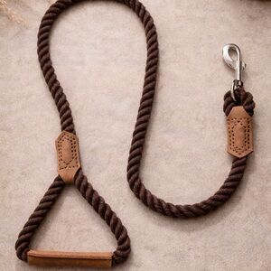 Braided Cotton Rope Dog Leash – Chocolate Brown with Leather Accents